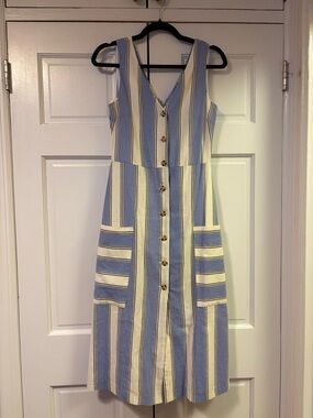 Warehouse Blue and Cream Striped Button-Front Midi Dress